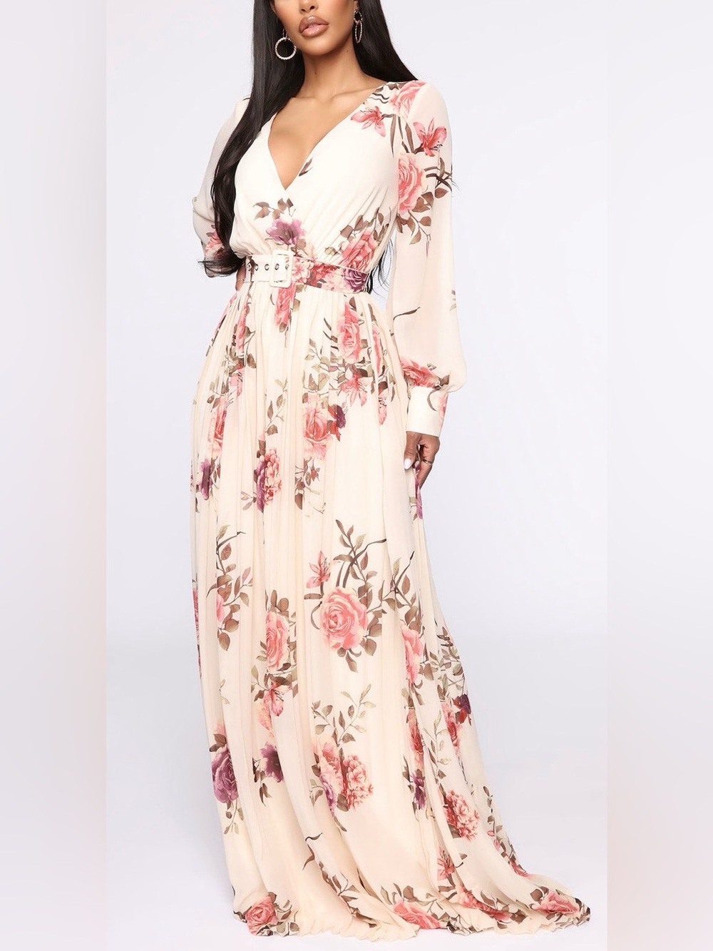 💐 Fashion Nova Floral Belted Maxi Dress in Cream and Pink💐